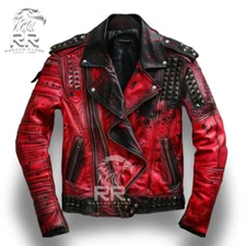 Men's Handmade & Hand Painted Punk Spiked Studded Patches Style Leather Jacket