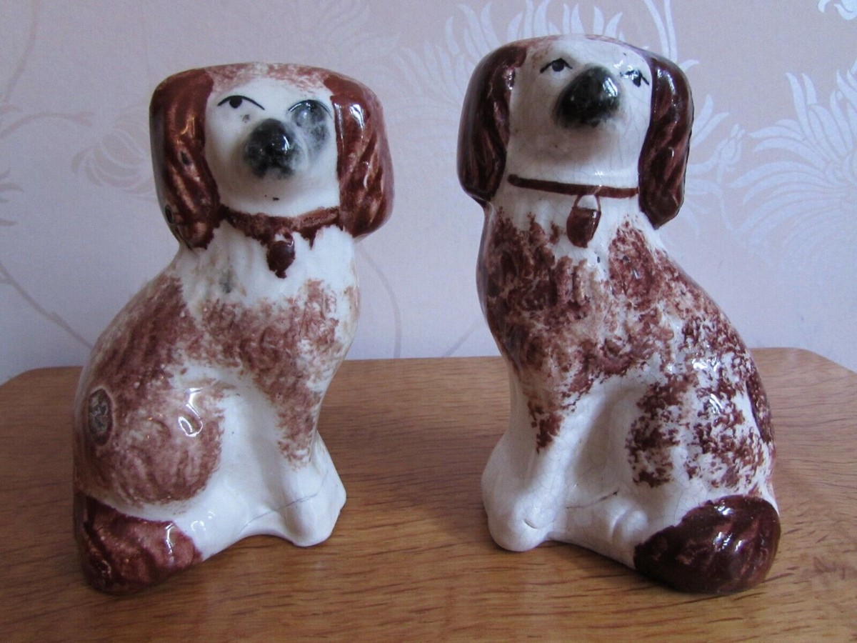 c1800 Antique Staffordshire Pottery SMALL Pair Sponge Wally Dogs Fireside  Mantle