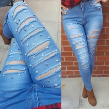 Ladies Denim Jeans Pencil Pants HOT Faded Skinny Tights New Celeb Stretch Ripped