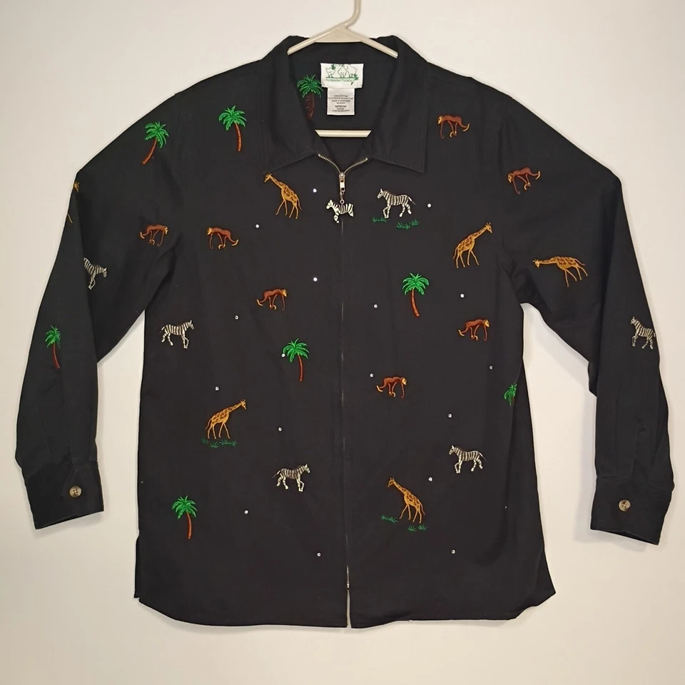 Quacker Factory Jacket Womens Medium Black Safari Jungle Zoo Animals Embroidered - Image 2 of 4