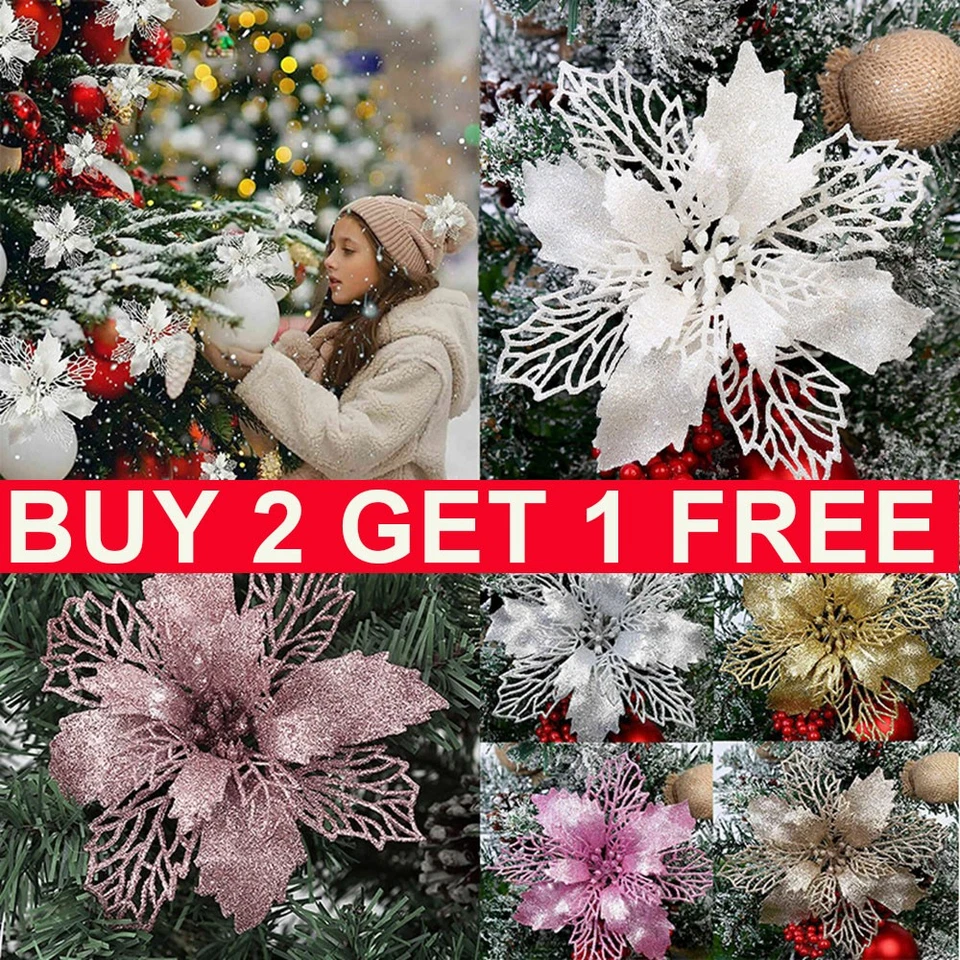 U-SWEETHOME 10PCS Christmas Large Poinsettia Glitter Flower Tree Hanging Party Xmas Decor UK