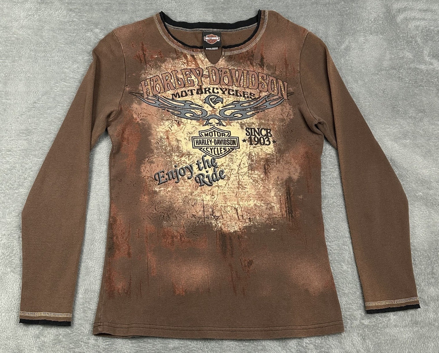 Harley Davidson T-Shirt Womens Large Brown V-Notch Rhinestones Long Sleeve Logo