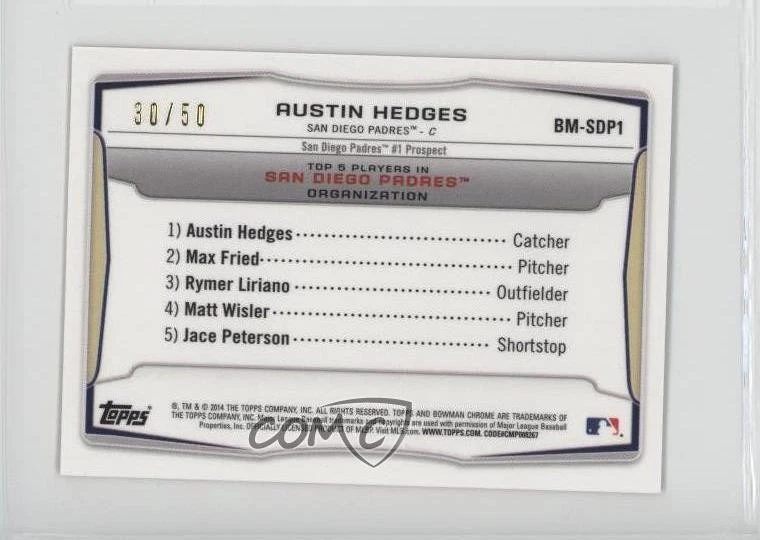 2014 Bowman Orange /50 Austin Hedges #BM-SDP1 - Image 2 of 2