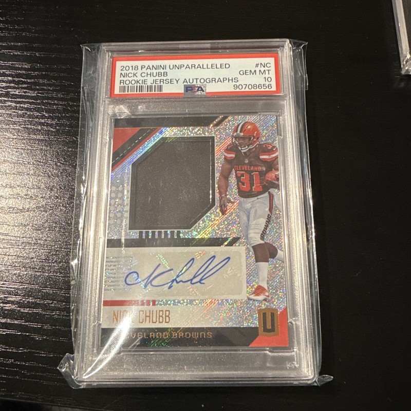 Panini 2018 Unparalleled Nick Chubb RJA-NC RC Auto Jersey PSA 10 #90708656