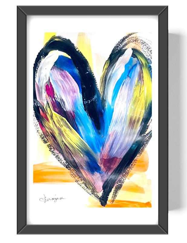 Guajardo Art: Blue and Yellow Love Heart 9X6 Paper Abstract Wall Art