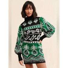 FARM Rio Mystic Scarf Mock Neck Knit Sweaterdress | Green Black Medium