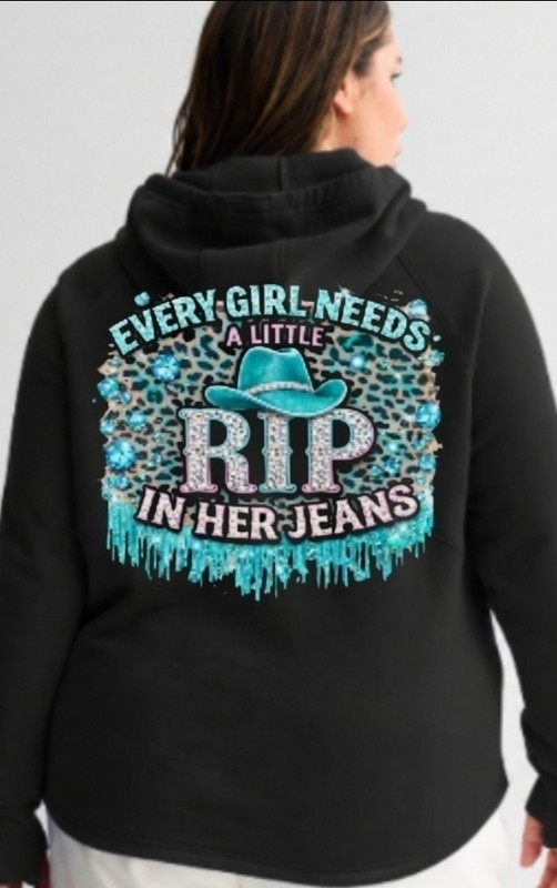 Women’s 1X Black Fleece Pullover Hoodie Hooded Pockets RIP in Her Jeans