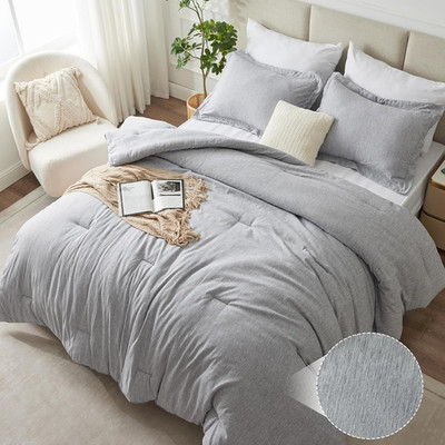 Queen Comforter Set 3 Pieces, Heathered Light Grey Luxury Queen Bedding Sets, Gr