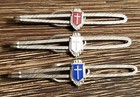 Vintage tie bar set Red White and Blue with Shield and  cross, silvertone church