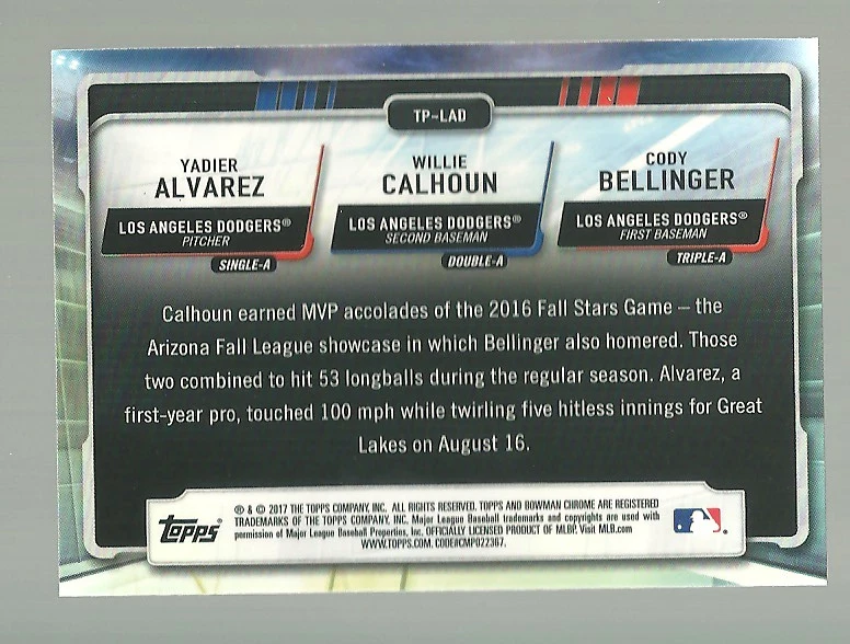 Cody Bellinger 2017 Topps Talent Pipeline #TP-LAD Willie Calhoun Yadier Alvarez - Image 2 of 2