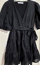 Faithfull The Brand Dress Womens Size 2 Jet Black Rooney Linen Wrap Puff Sleeve 