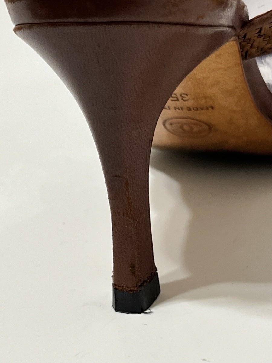 CHANEL ハイヒール　ブラウンパール Vtg Chanel Brown Raffia CC Logo Sandal Heels 35 | eBay