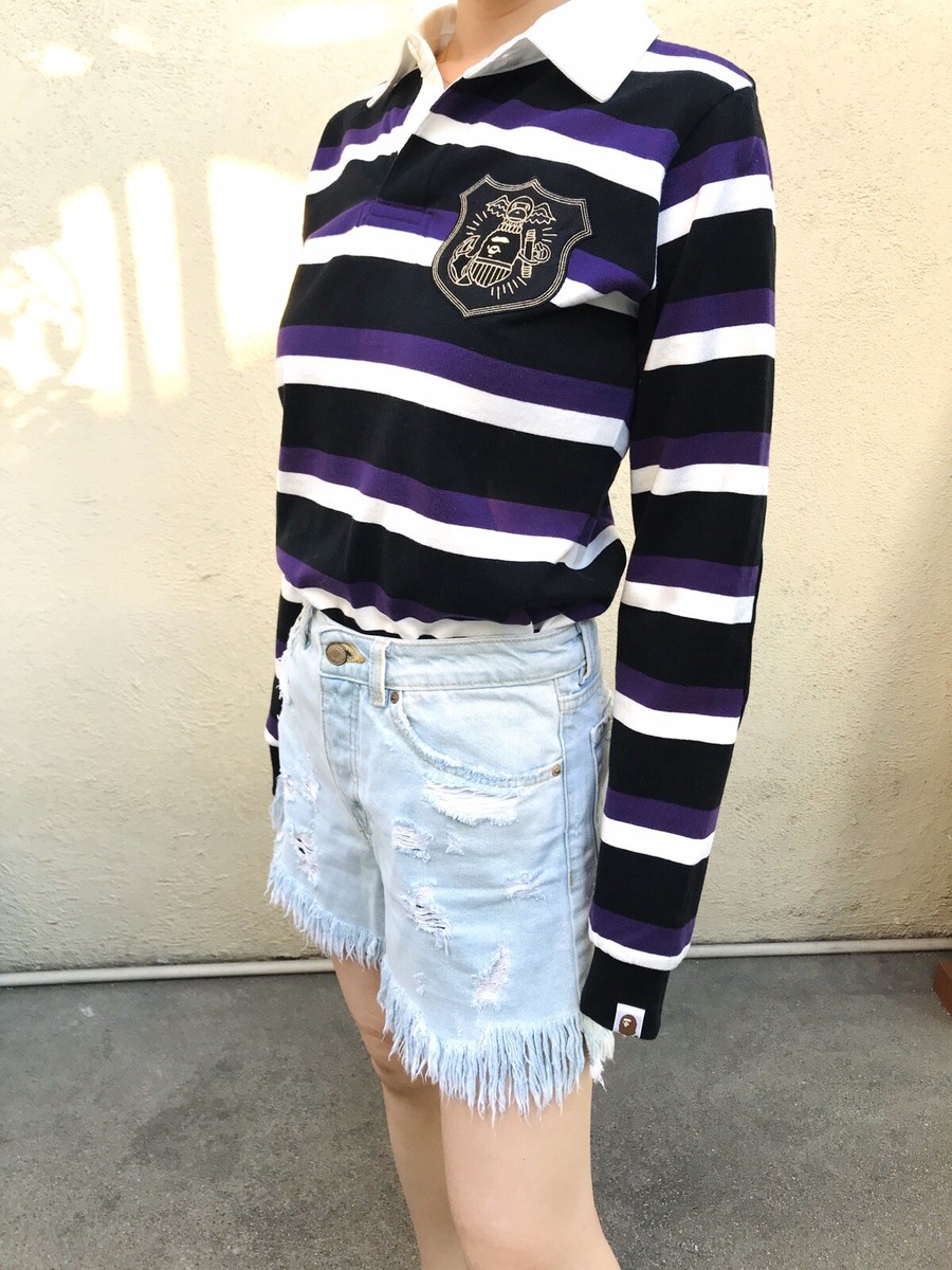 100% AUTH Bape Longsleeve Rugby Striped Ape Head Elbow Polo Shirt