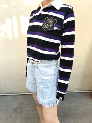 BAPE ストライプ ポロシャツ Mサイズ 100% AUTH Bape Longsleeve Rugby Striped Ape Head Elbow Polo Shirt
