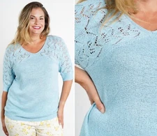 Davi & Dani Short Sleeve Pointelle Knit Lightweight Sweater LARGE Blue Sky Top