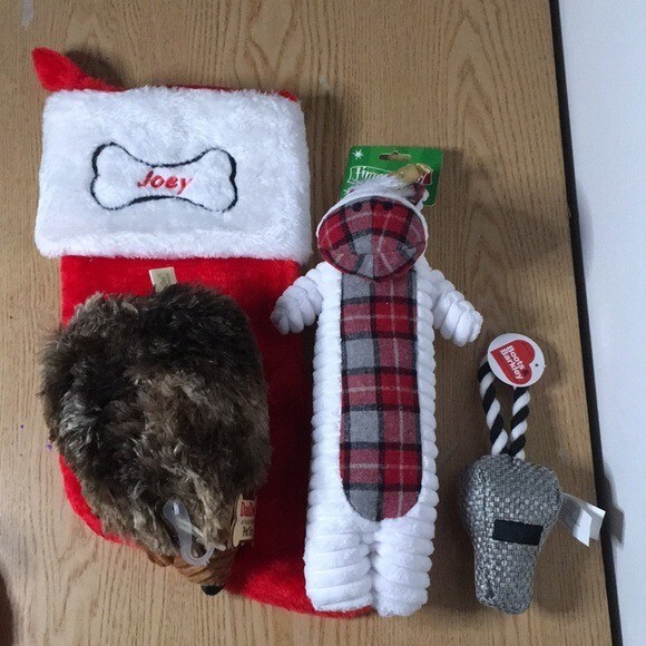 New 4pc Doggie Christmas Bundle Stocking with “Joey” Name and Squeaky Dog  Toys