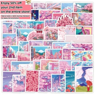 50pcs Waterproof Vinyl Stickers Cherry Blossoms Sakura Luggage Phone Laptop Car - Image 1 of 4