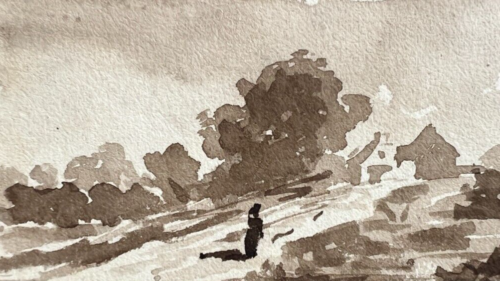 Antique Original Drawing 19th century Woman, Landscape, House, Trees, Forest - 第 1/8 張圖片