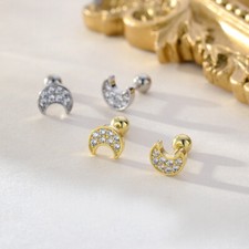 Women Kids Girls 925 Sterling Silver Cute Moon CZ Screw Back Stud Earrings A4552