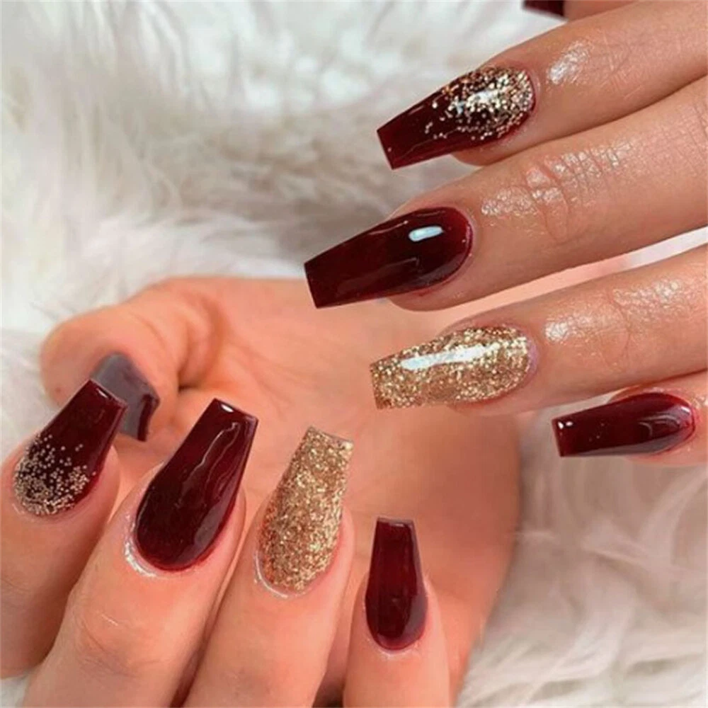 Wine Red Gold Glitter Fake Nail Coffin Press on Nails for Nail Art