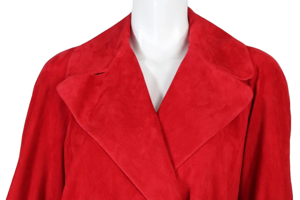 CHANEL 2022 22A Cherry Red Lambskin Suede Double Breasted Leather Trench Coat 40 - Image 2 of 4