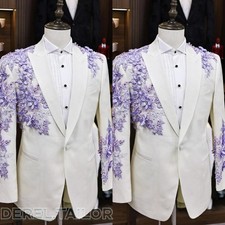 Slim Fit Men Suit Wedding Tuxedo Jacket 3D Flower Rhinestone Formal Prom Blazer