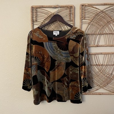 Naturally Petite Velvet Blouse Top Asian Art To Wear Crane Fan Women's Sz L B1