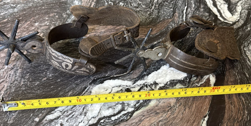 Antique Mexican Spurs Western Decor Charro Cowboy Leather Stamped Iron Metal