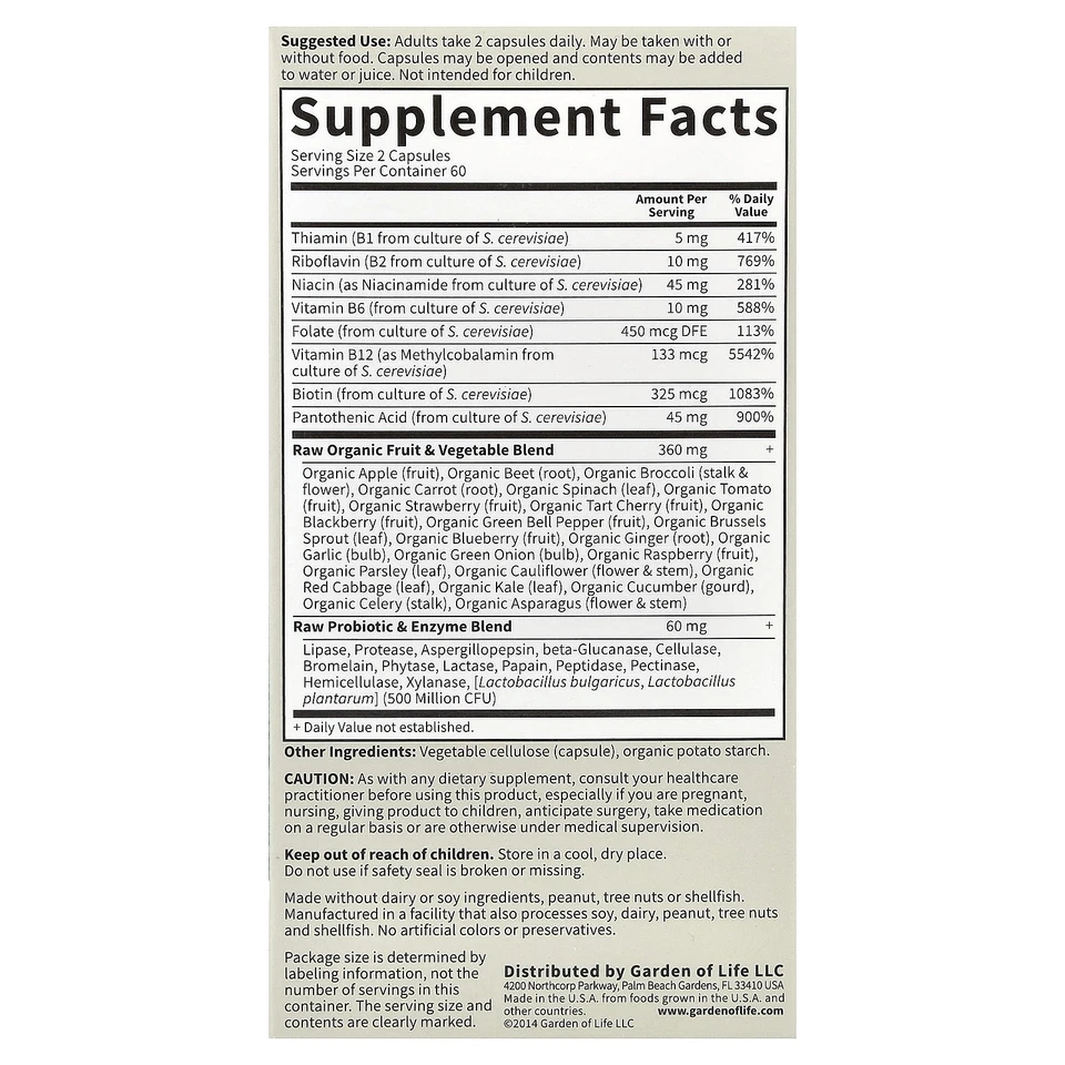 Garden of Life Vitamin Code Complejo B Crudo 120 Cápsulas Veganas Sin Gluten, Kosher, Sin Foto 2 de 3