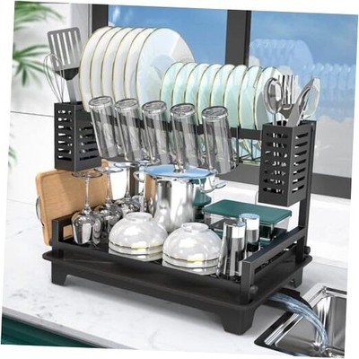  Dish Drying Rack: 2 Tier Dish Racks for Kitchen Counter and Sink - Large Black
