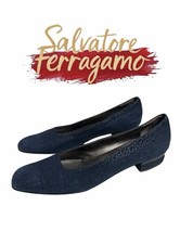 Salvatore Ferragamo Women's Navy Blue Suede Patterned Square Toe pumps