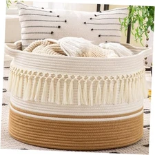  Large Blanket Basket (20"x13"),Woven Baskets for storage Baby White Fringe