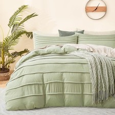 DJY Green Pleated Duvet Cover Set 3-Piece - Boho Textured Design, Soft & Breatha