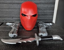 Red Hood cosplay helmet, guns, and knife