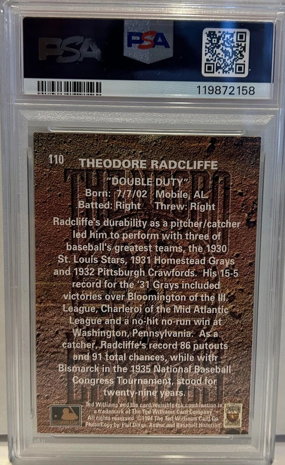 Ted Williams CO. #110 1994 Ted "Double Duty" Radcliffe casi nuevo-como nuevo 8 automático 9 PSA/DNA Foto 2 de 2