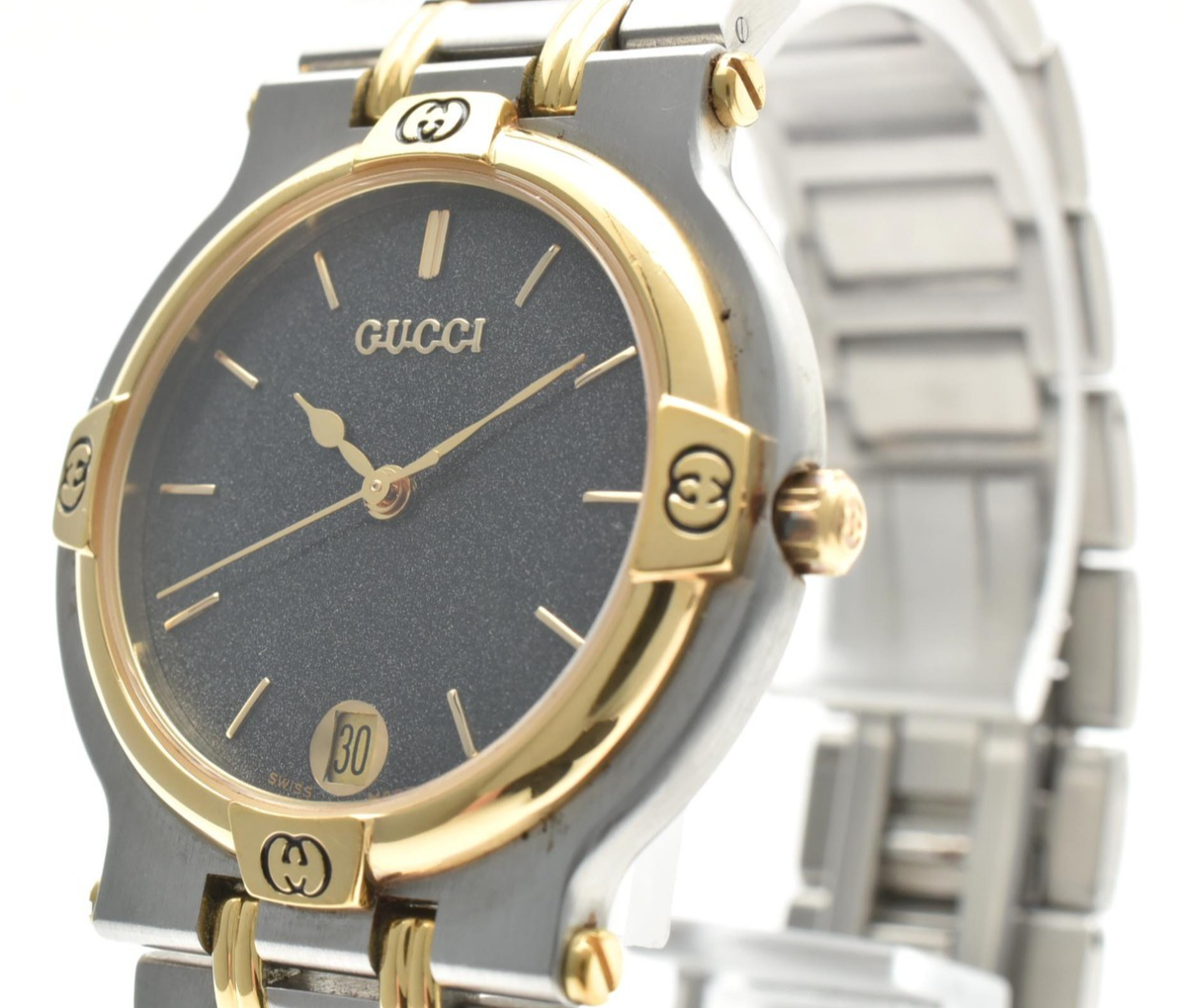 GUCCI 9000M Quartz Men's Watch Black Dial Silver Gold Two-Tone