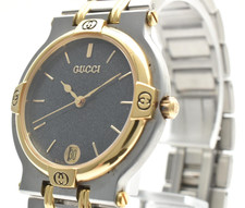 GUCCI 9000M Quartz Men's Watch Black Dial Silver Gold Two-Tone Date From JAPAN