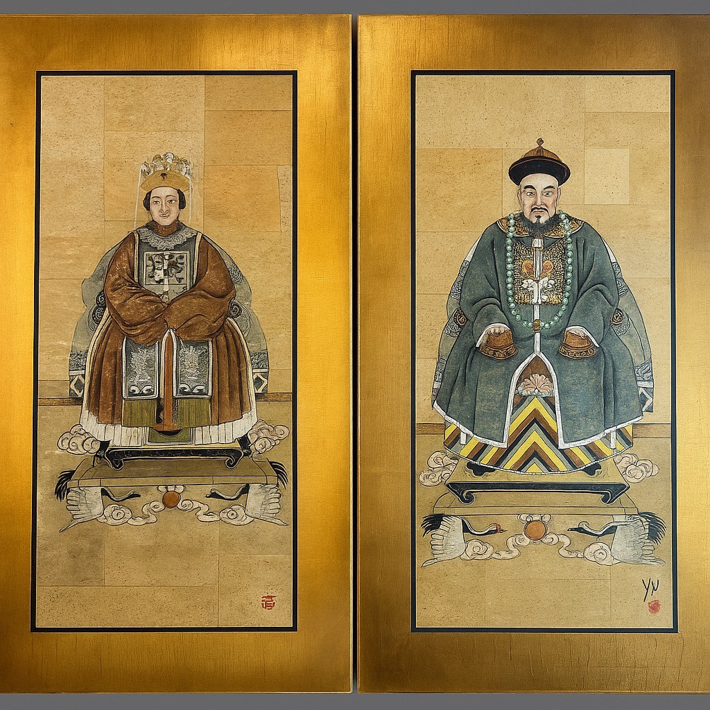 Qing Chinese Emperor, Empress Paintings Yu,,Chop Mark, Large Framed  Gold Gilt