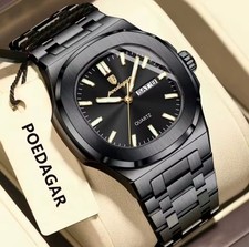 Poedagar Orologio da polso da uomo, impermeabile, luminoso, in acciaio inox Data