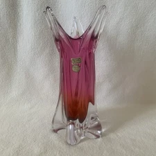 Czech Bohemian Josef Hospodka Chribska Starburst Art Glass Pink/Crystal 12" Vase