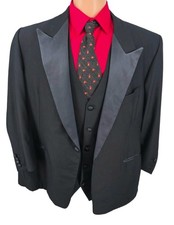 Vtg Martinez Bespoke 3 Pc Tuxedo Black Peak Lapel Worsted Wool Men 50R 44x28 Y2K