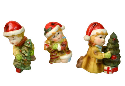 Lot of 3 Vintage Christmas Figurines in Santa Hats Christmas Trees Stocking