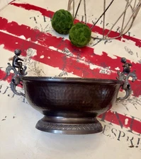 VTG Hammered Oval Copper Footed Centerpiece Bowl Ornate Cherub/Dragon Handles