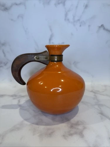 Bauer Pottery Los Angeles Orange Pitcher Carafe Wooden Handle Vintage