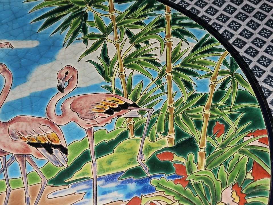 Ancien GRAND PLAT EN EMAUX DE LONGWY Flamands Roses 36 cm - Photo 4/4