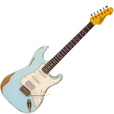 Vintage V6H ICON HSS Electric Guitar, Ultra-Gloss Distressed Laguna Blue