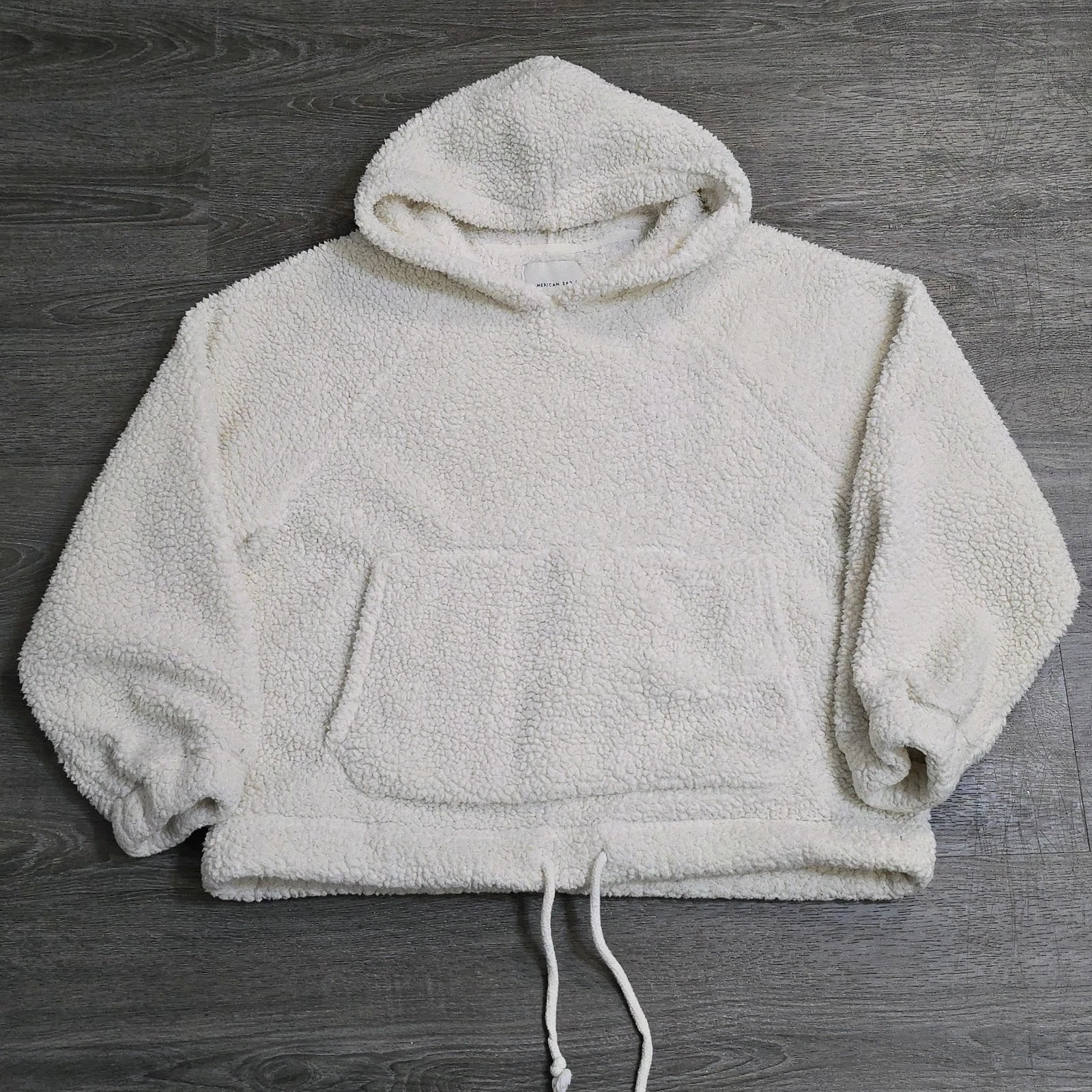 OFF WHITE American Eagle Felpa con Cappuccio Sherpa Teddy Pullover Oversize BoXy Crema Avorio Donna M