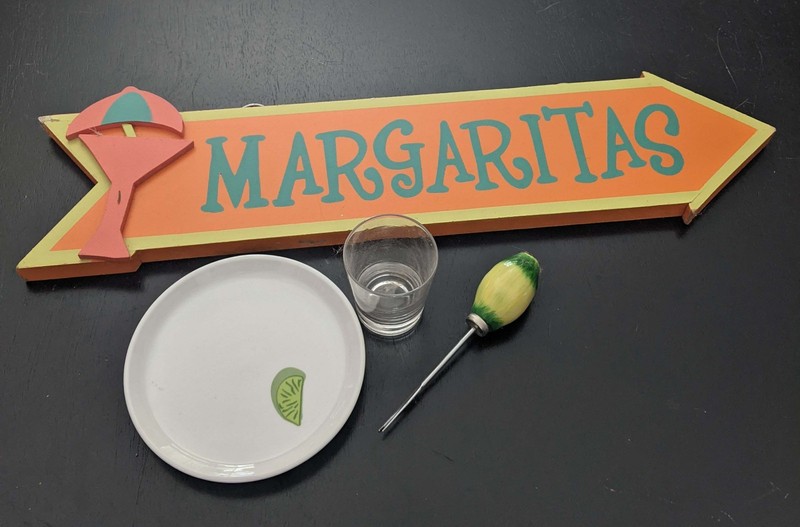 Vtg Tequila Margarita Set Cocktail Salt Dish Fruit Fork Shot Glass Bar Plaque