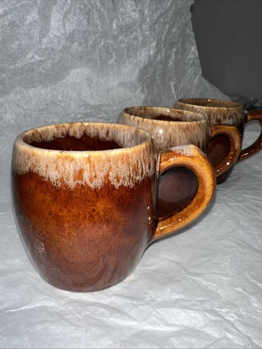Set Of 3 Vintage USA Brown Drip Coffee Mugs