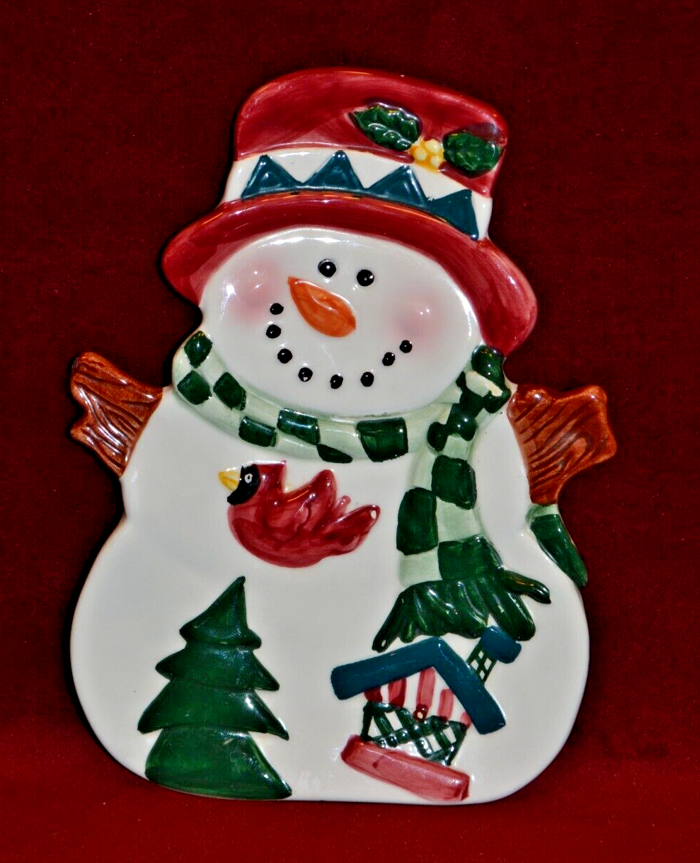 Woodland Snowman Christmas Candy Nut Dish Hand Painted Glazed Ceramic